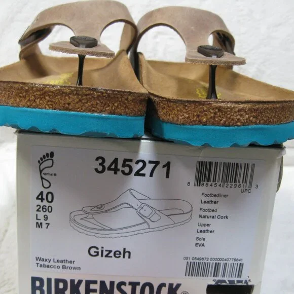 Birkenstock GIZEH Waxy Leather Tobacco Brown w/ Aqua Sole. 40 R US W 9 M 7 - Picture 7 of 13